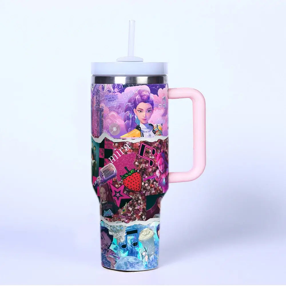A 40oz stainless steel K-Pop Demon Hunters Cup featuring cartoon prints of anime girl group characters Rumi, Zoey, and Mira, designed for car travel.