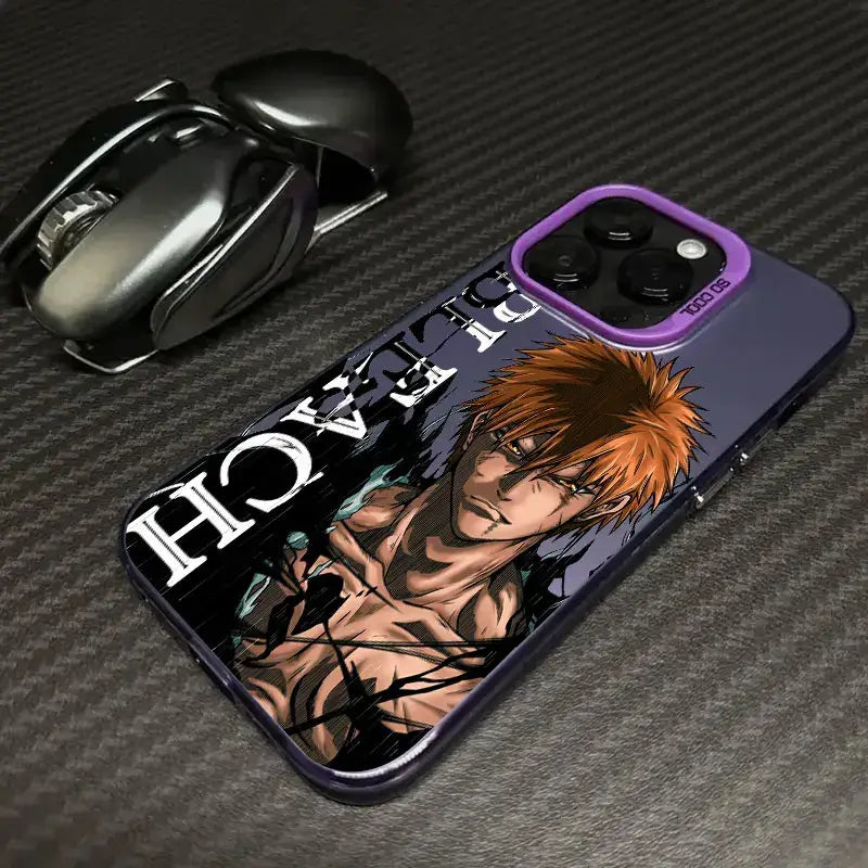 A shockproof Bleach Anime Phone Case featuring Ichigo Kurosaki and Rukia Kuchiki anime art, compatible with Apple iPhone 16e, 16, 15, and 14 Pro Max.