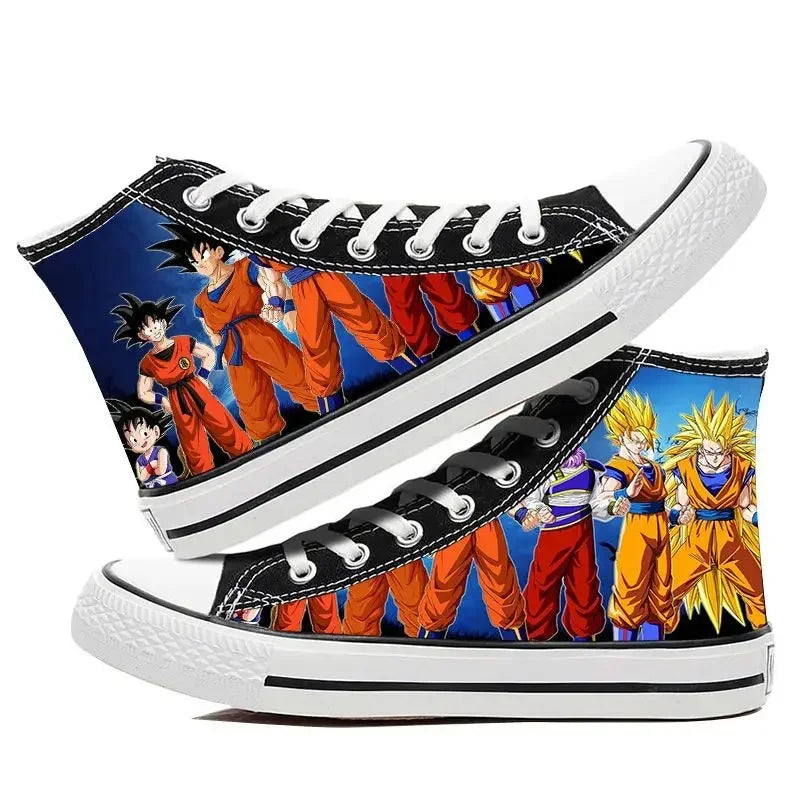 Trendy Dragon Ball High Top Canvas Shoes featuring Goku and Vegeta animation art, breathable flat sneakers for students and fans.