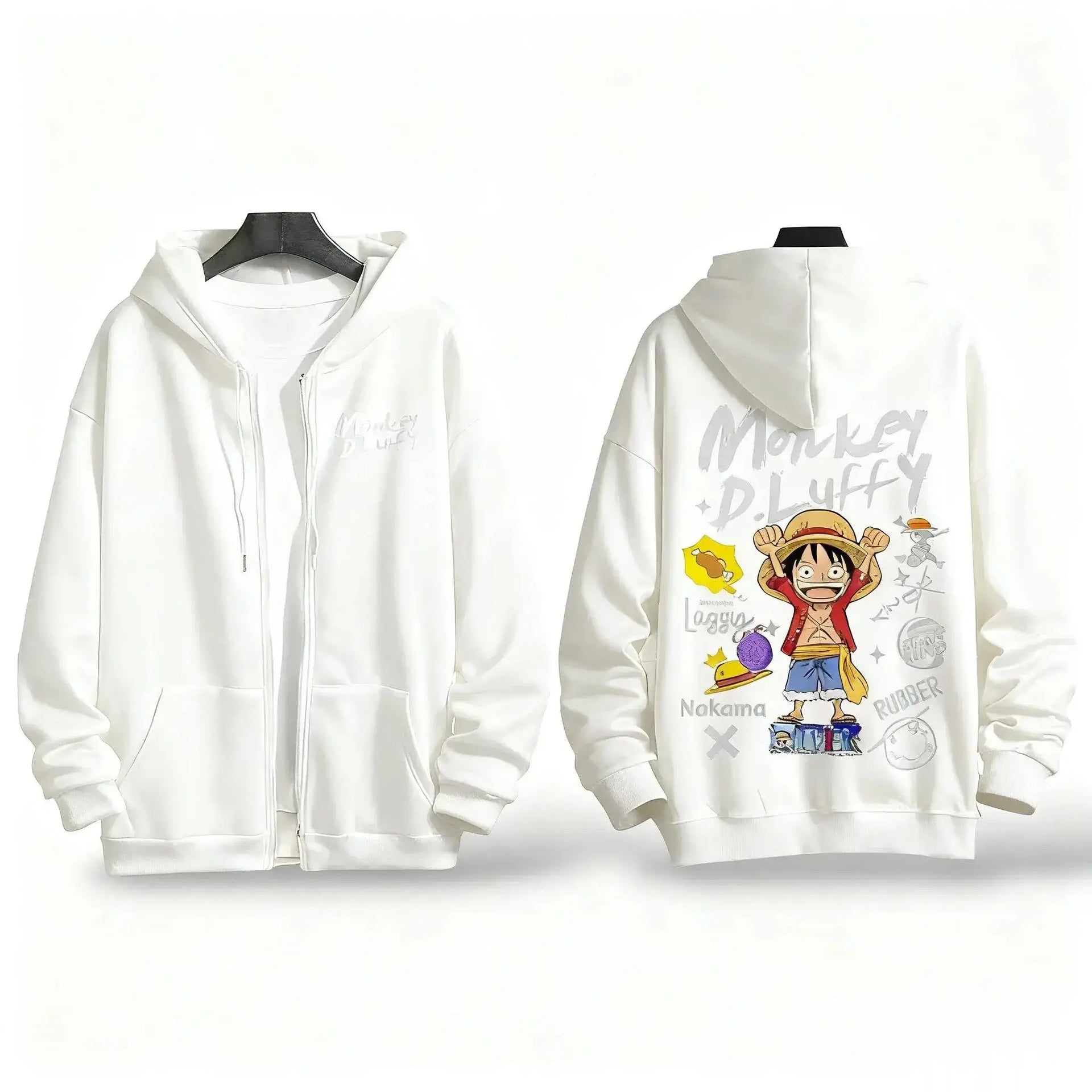 A loose casual One Piece Luffy Anime Hooded Jacket with a graphic print, suitable as a streetwear fashion coat for men and women.