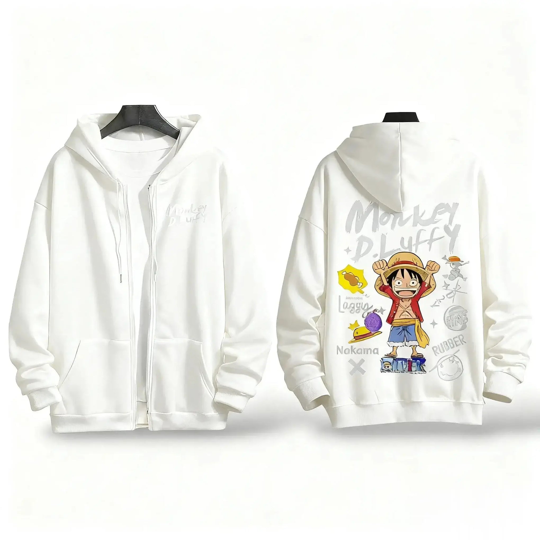 A loose casual One Piece Luffy Anime Hooded Jacket with a graphic print, suitable as a streetwear fashion coat for men and women.