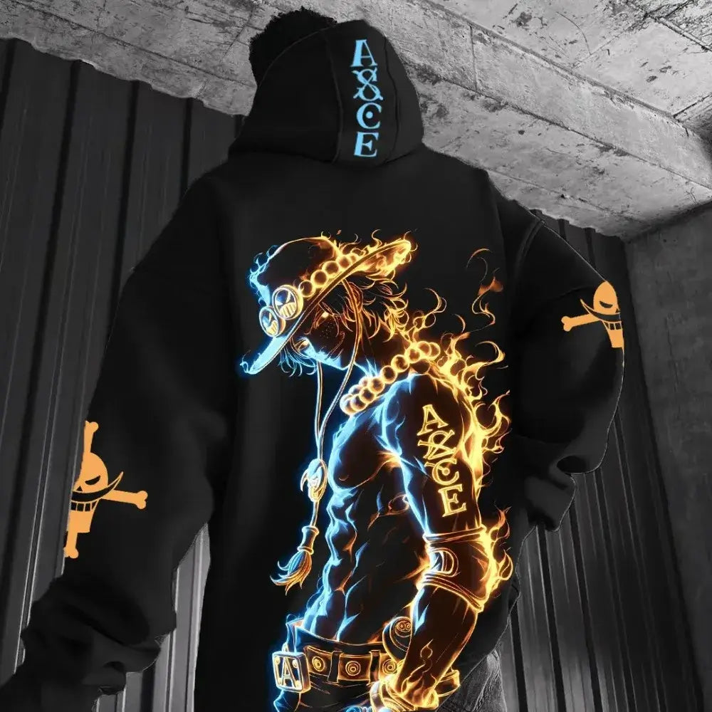A trendy Portgas D. Ace Hoodie featuring Fire Fist anime graphics, designed as One Piece hip hop streetwear for men, boys, and children.