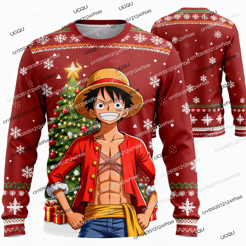 A festive Luffy Christmas Long Sleeve t-shirt featuring One Piece anime art, designed as a holiday gift for men, women, and kids.
