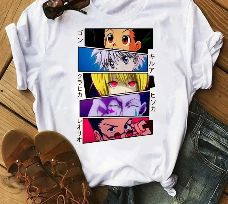 A woman wearing the casual vintage Japanese Anime Hunter X Hunter Graphic T Shirt.