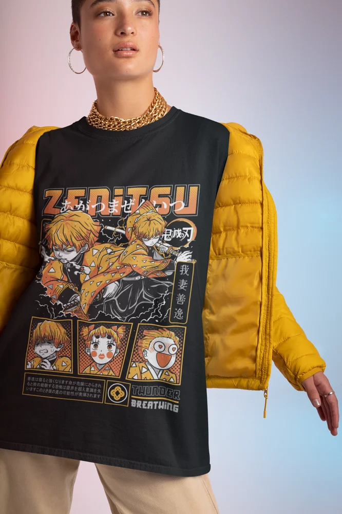 An Agatsuma Zenitsu T-Shirt from Demon Slayer, featuring a design perfect for a Halloween shirt or fan gift.
