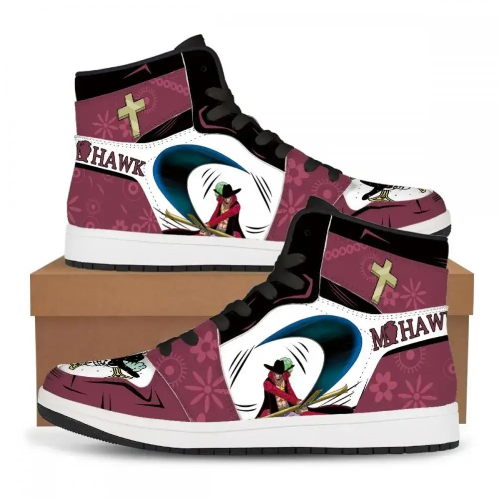 A pair of custom One Piece Basketball Shoes featuring anime designs of Luffy and Zoro, suitable as unisex sneakers.