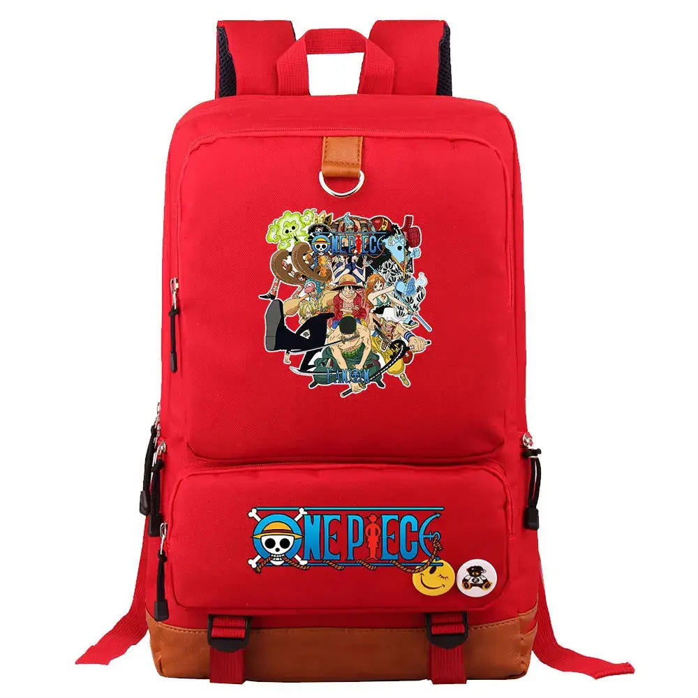 A large, unisex One Piece Luffy Printed Unisex Backpack suitable for school and travel, with compartments for a laptop and iPad.