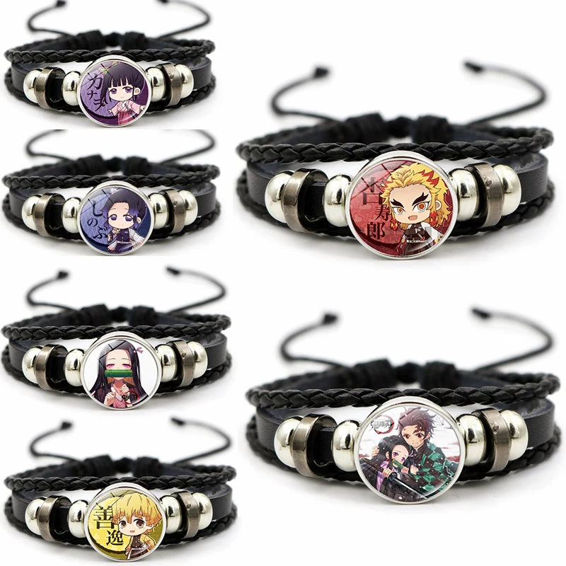 A woven leather Demon Slayer Bracelet featuring a glass art photo charm of Tanjiro Kamado and Nezuko, designed as an anime accessory for fans.