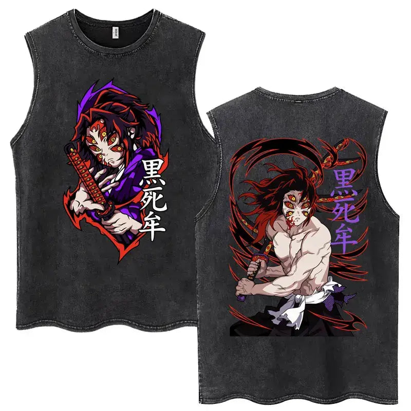 A washed retro Zenitsu Demon Slayer Tank Top featuring Agatsuma Zenitsu manga art, sleeveless cotton summer streetwear for men and women.