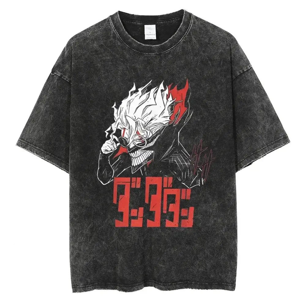 An oversized Anime Dandadan Ken Takakura T-shirt with a washed vintage print of Okarun for men.