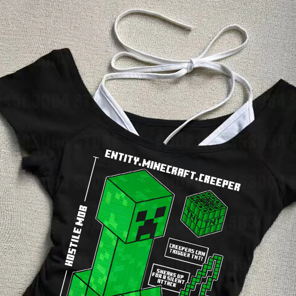 A model wearing the Punk Gothic Slim Baby Tee, a Y2k fake two-piece off-shoulder top in a Harajuku streetwear style.