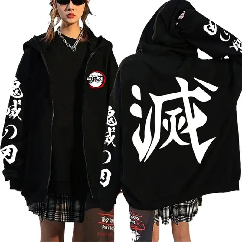 A casual loose Harajuku Fashion Anime Cartoon Demon Slayer Pattern Print Sweatshirt and fleece zipper hoodie for men and women.