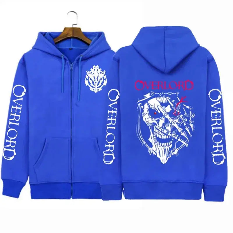 A unisex Overlord Cosplay Horror Skull Hoodie with a zip-up front, designed as Harajuku sportswear.