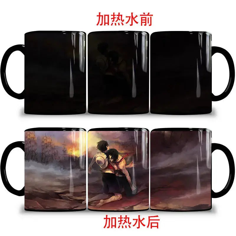 A ceramic One Piece Color Changing Mug revealing Gear 5 Nika Luffy and Fire Fist Ace artwork when filled with hot liquid.