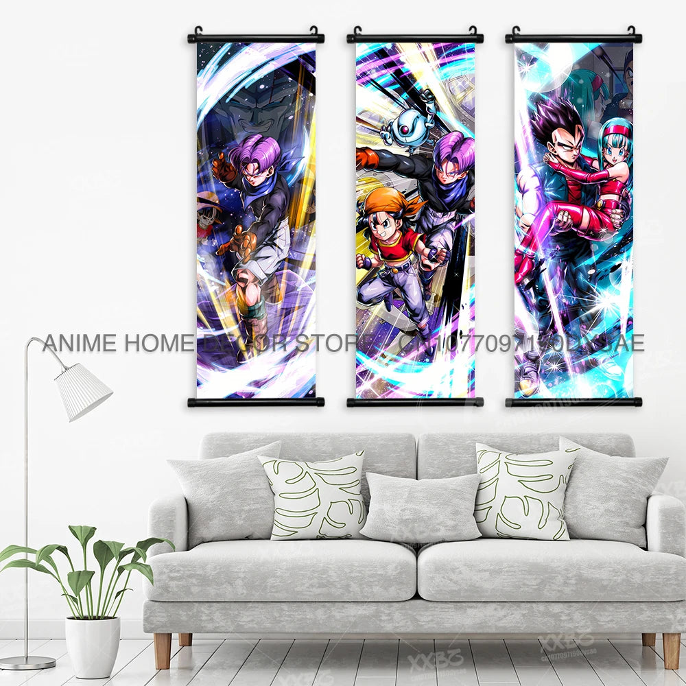 High-quality Dragon Ball Posters wall art scroll featuring Anime figures Goku, Vegeta, and Frieza for home decoration.