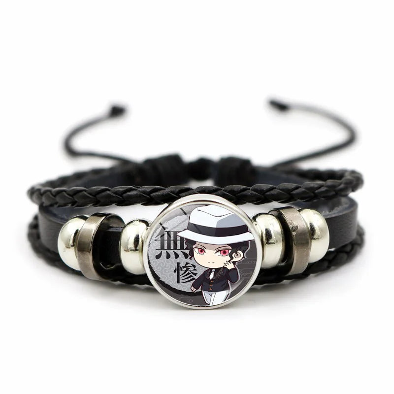 A woven leather Demon Slayer Bracelet featuring a glass art photo charm of Tanjiro Kamado and Nezuko, designed as an anime accessory for fans.
