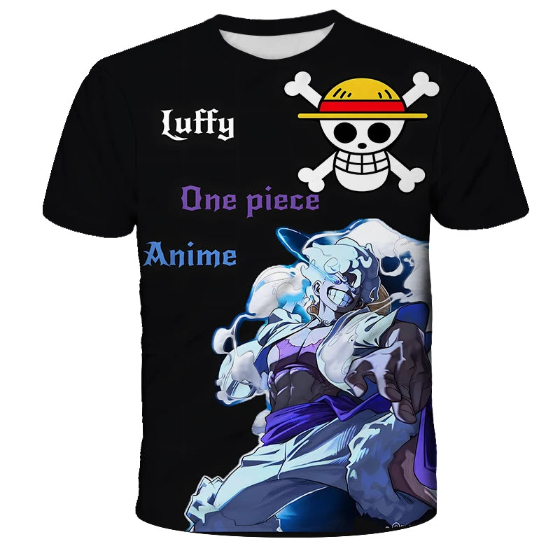 A loose-fit One Piece Luffy T-shirt featuring a cool cartoon Monkey D. Luffy graphic, designed for boys and men as casual anime streetwear.