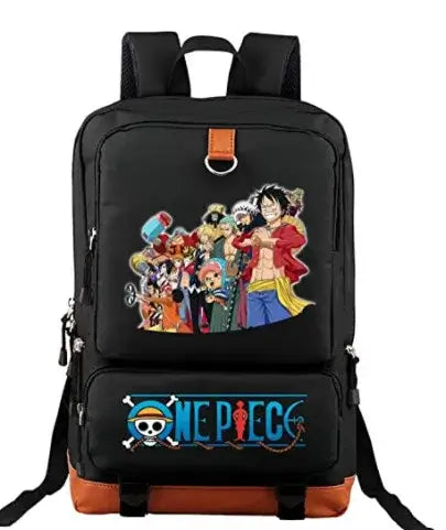 A large, unisex One Piece Luffy Printed Unisex Backpack suitable for school and travel, with compartments for a laptop and iPad.
