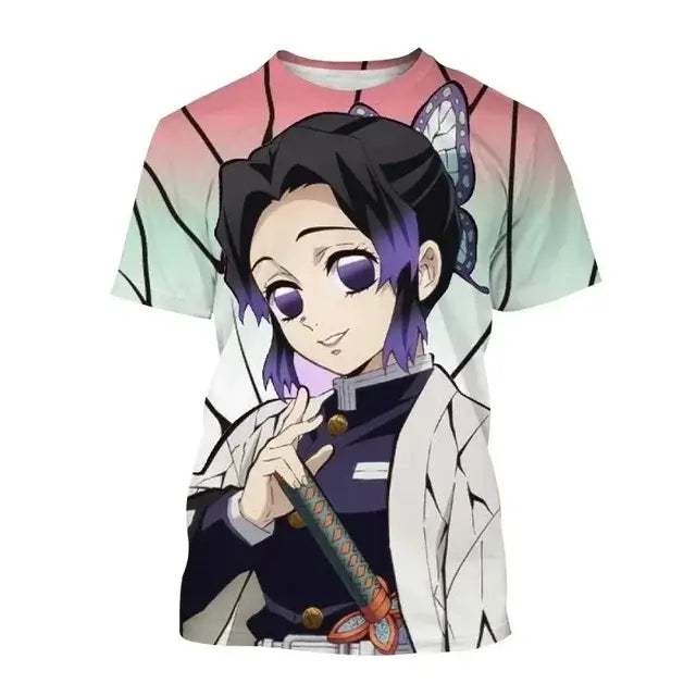 A fashion Demon Slayer Nezuko Shinobu T-shirt with a vibrant 3D print of the anime characters.