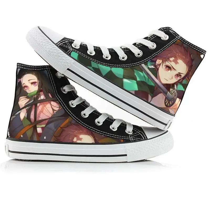 A pair of kawaii Anime Demon Slayer Canvas Shoes in a hand-painted high-top sneaker style for boys and girls.