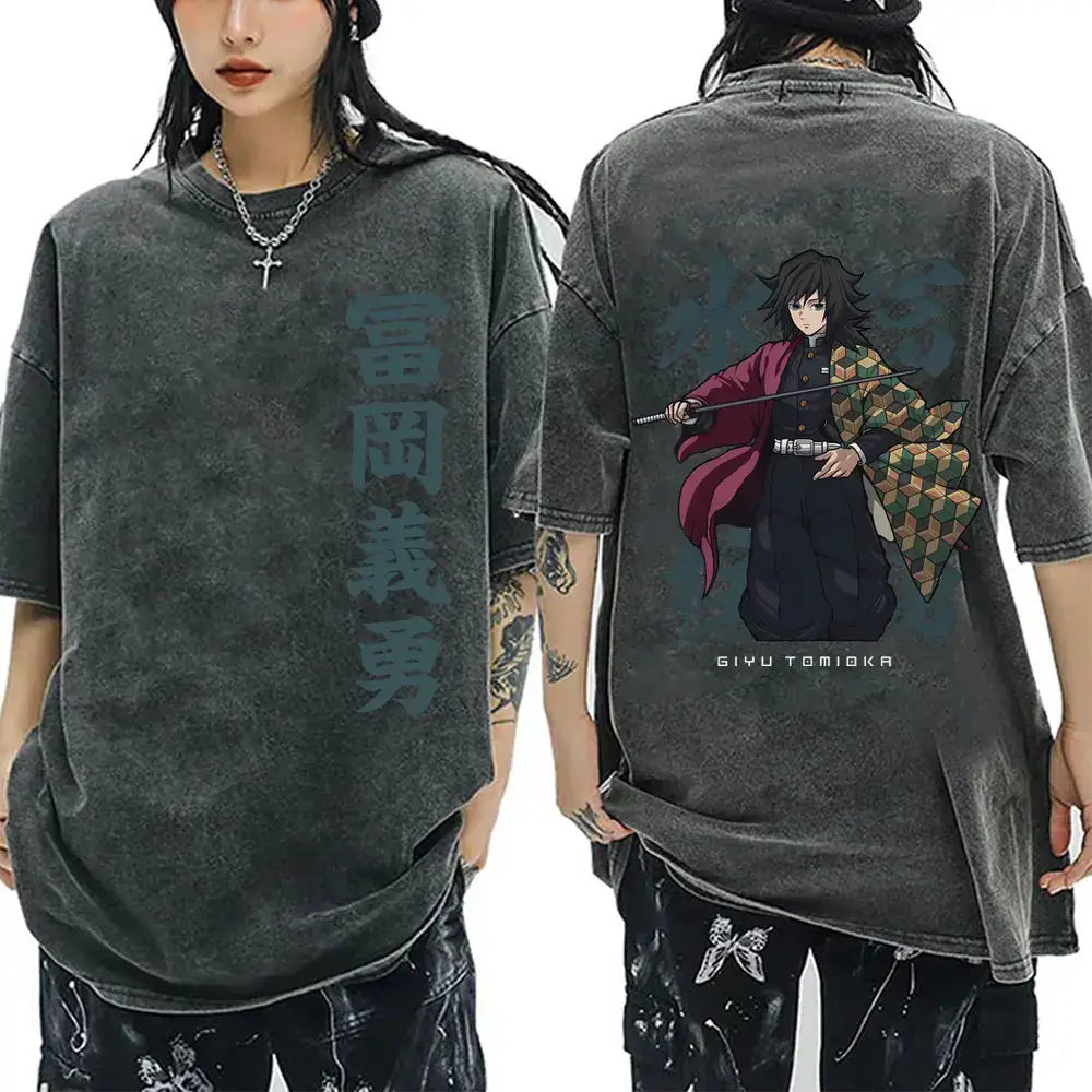 A washed black Demon Slayer Vintage T-Shirt made of 100% cotton, featuring an oversized cartoon anime graphic for men and women.
