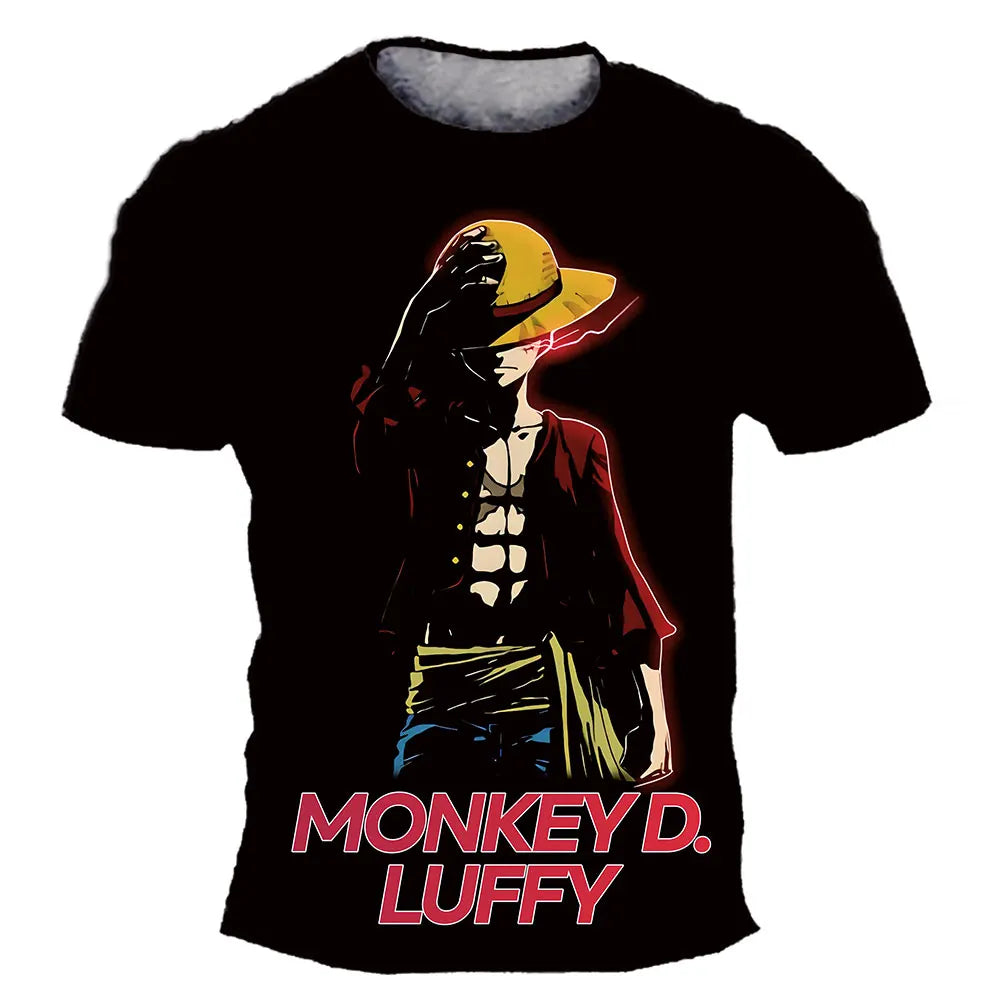 A loose-fit One Piece Luffy T-shirt featuring a cool cartoon Monkey D. Luffy graphic, designed for boys and men as casual anime streetwear.