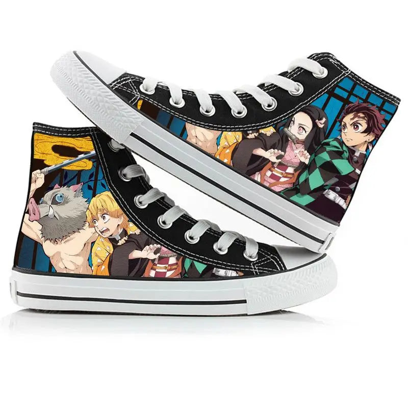 A pair of kawaii Anime Demon Slayer Canvas Shoes in a hand-painted high-top sneaker style for boys and girls.