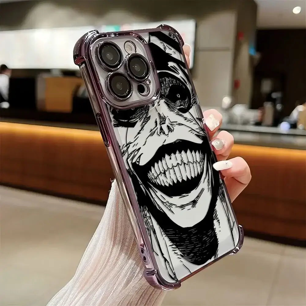 A luxury Solo Leveling Plating Case featuring Sung Jinwoo art with electroplated edges and anti-fall airbag corners for Apple iPhone 16 and 15.