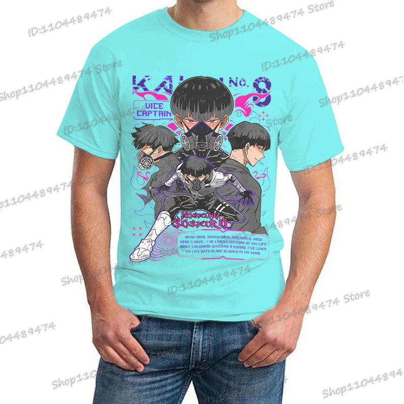 A trendy Y2K Anime Kaiju No 8 T-shirt with a creative Soshiro Hoshina print for men and women.