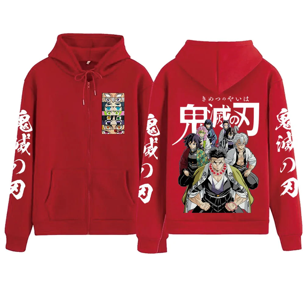 The 2025 Anime Demon Slayer Zipper Hoodie in a Harajuku streetwear pullover sweatshirt style.