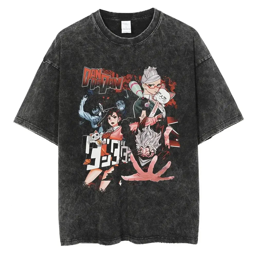 An oversized Anime Dandadan Ken Takakura T-shirt with a washed vintage print of Okarun for men.