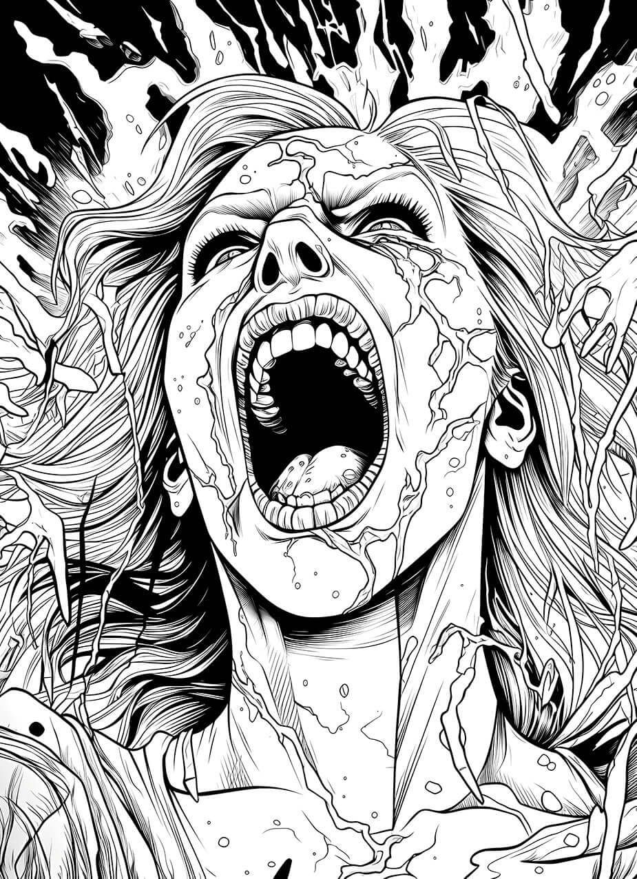 A detailed, comic-style horror coloring page of a possessed woman with cracked skin and wild hair, screaming in terror or agony as monstrous hands grab at her.