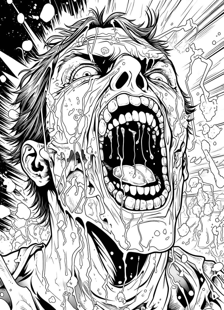 A high-energy, manga-style horror coloring page of a man's face screaming in terror as his skin melts and splatters against a dynamic, explosive background.