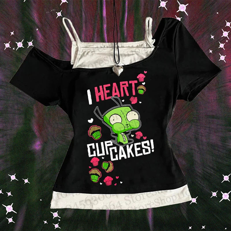 A model wearing the Y2k Clothes Women Tops, a cute cropped Harajuku top with suspenders, showcasing 2000s fashion.