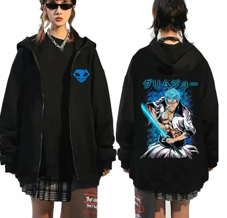 An oversized Bleach Ichigo Zip Up Hoodie featuring Kurosaki Ichigo graphic art, styled as a Harajuku streetwear jacket for men and women.