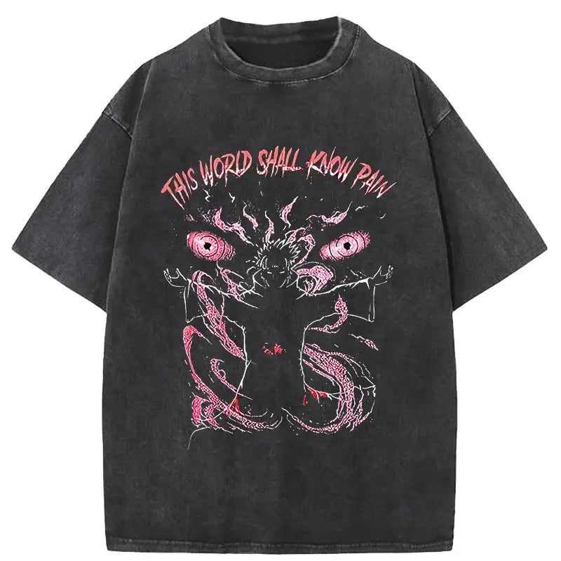 A men's retro washed 100% cotton Anime Pain Printed T Shirt in a Harajuku streetwear hip hop style.