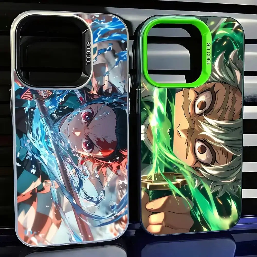A matte black Demon Slayer Phone Case featuring cool anime character art and shockproof silicone protection for Apple iPhone 16, 15, and 14 Pro Max.