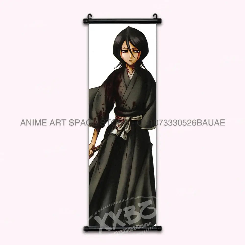 High-quality Bleach Anime Posters Japanese hanging scroll featuring Kurosaki Ichigo and Kuchiki Rukia printed on durable canvas for home decor.