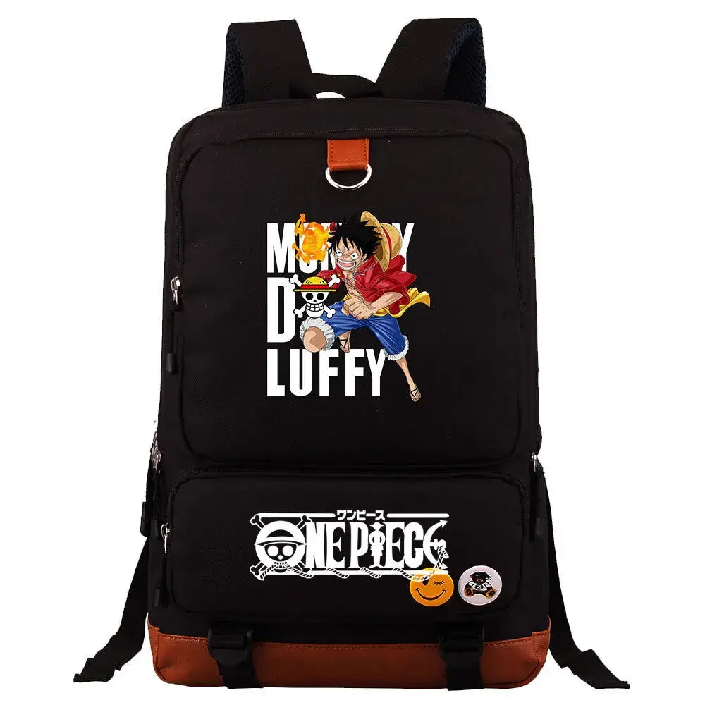 A large, unisex One Piece Luffy Printed Unisex Backpack suitable for school and travel, with compartments for a laptop and iPad.
