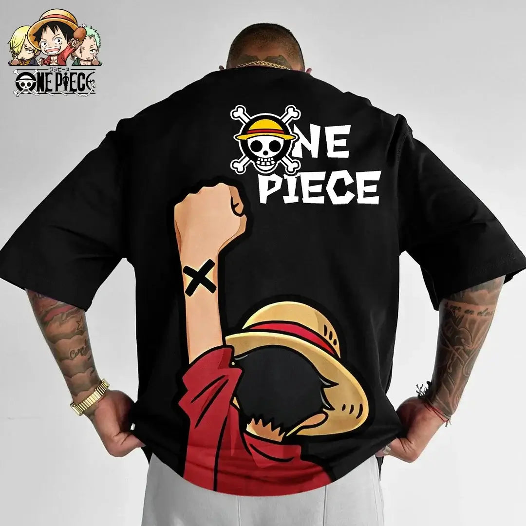 A fashionable One Piece Graphic T-Shirt in an oversized streetwear fit, featuring a high-quality anime print of Monkey D. Luffy and Roronoa Zoro.