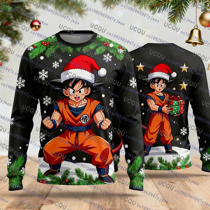A festive Christmas Dragon Ball Hoodie featuring Goku and anime graphics, designed as an oversized autumn winter pullover for men and women.