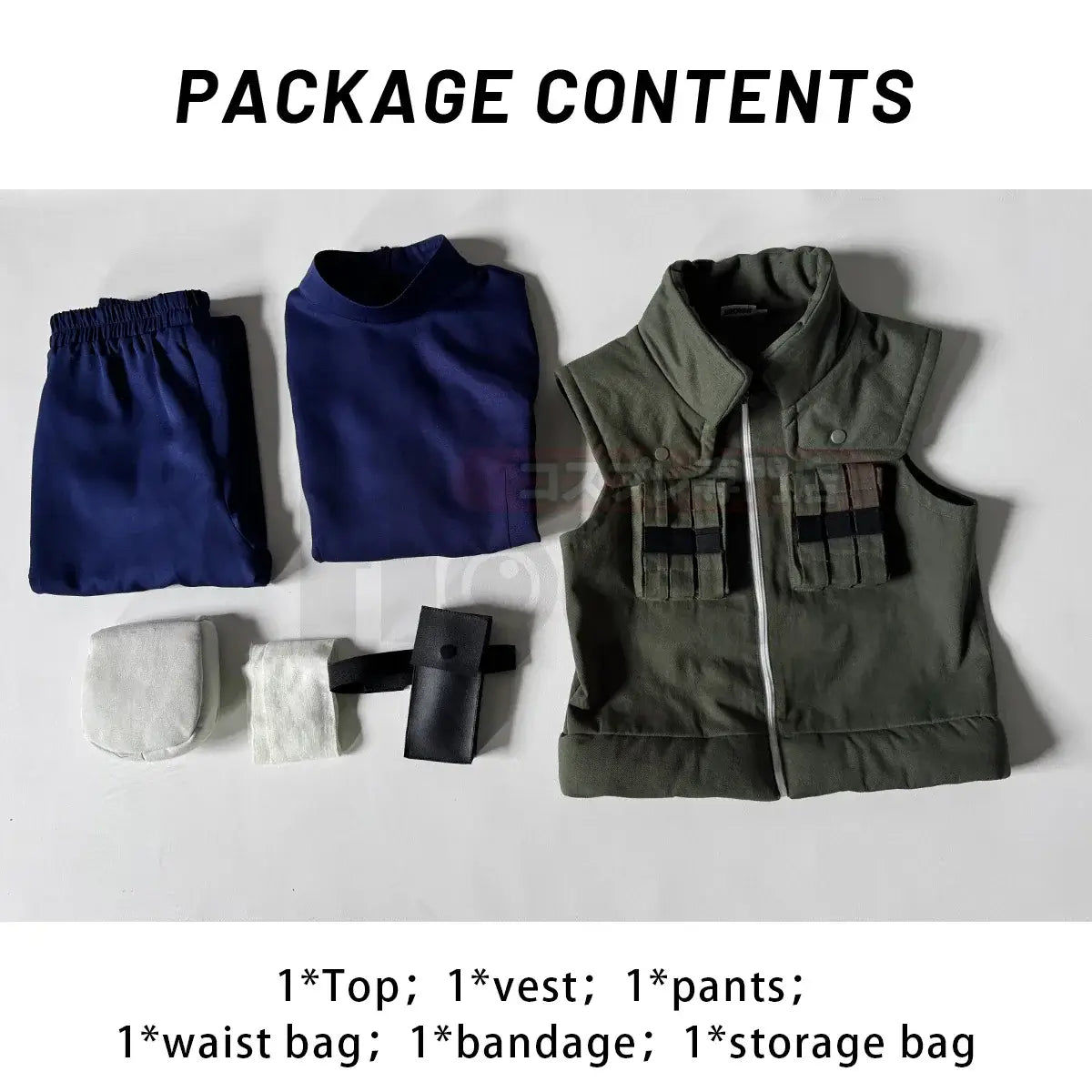 A complete HOLOUN Anime Hatake Kakashi Cosplay Costume set including the Jonin vest, t-shirt, pants, and pouch for a convention or Halloween.