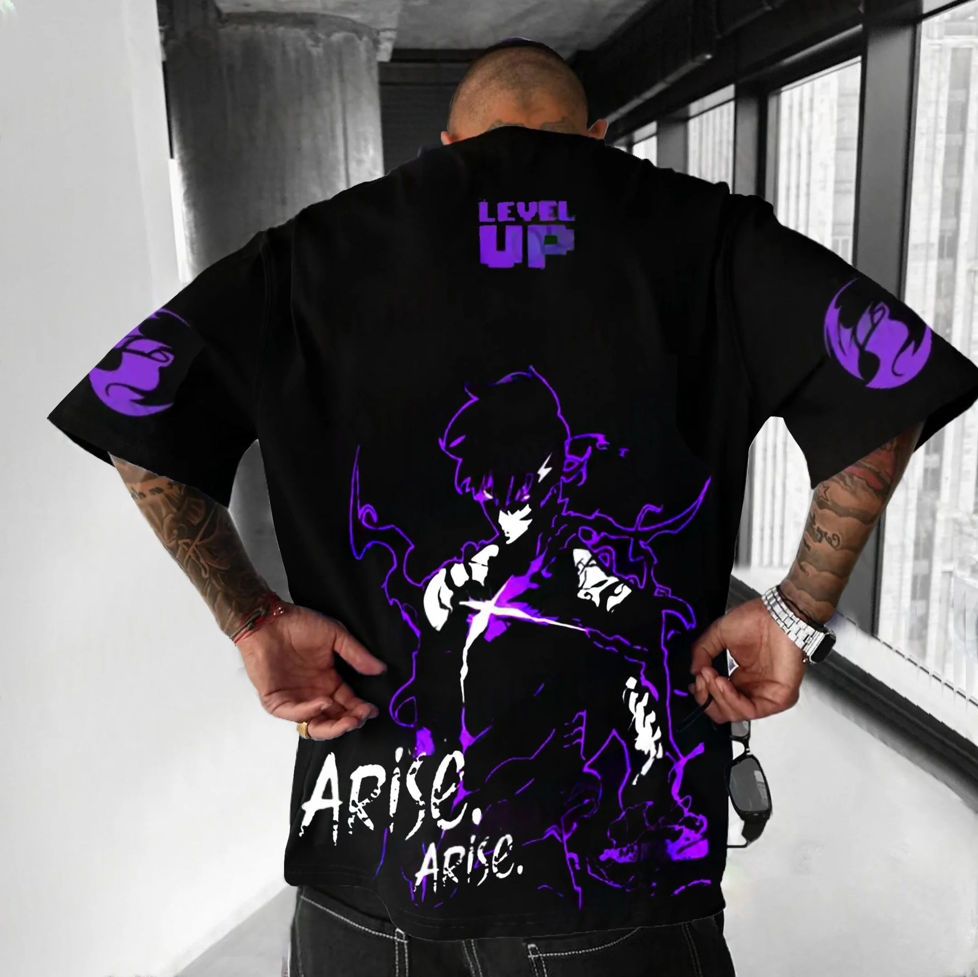 A high-quality Solo Leveling Authorized T-Shirt made of cotton, featuring a retro Y2K anime graphic of Sung Jinwoo, perfect for gamers and street style.