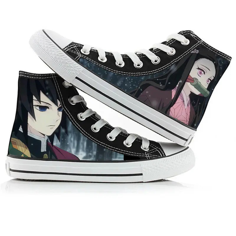 A pair of kawaii Anime Demon Slayer Canvas Shoes in a hand-painted high-top sneaker style for boys and girls.