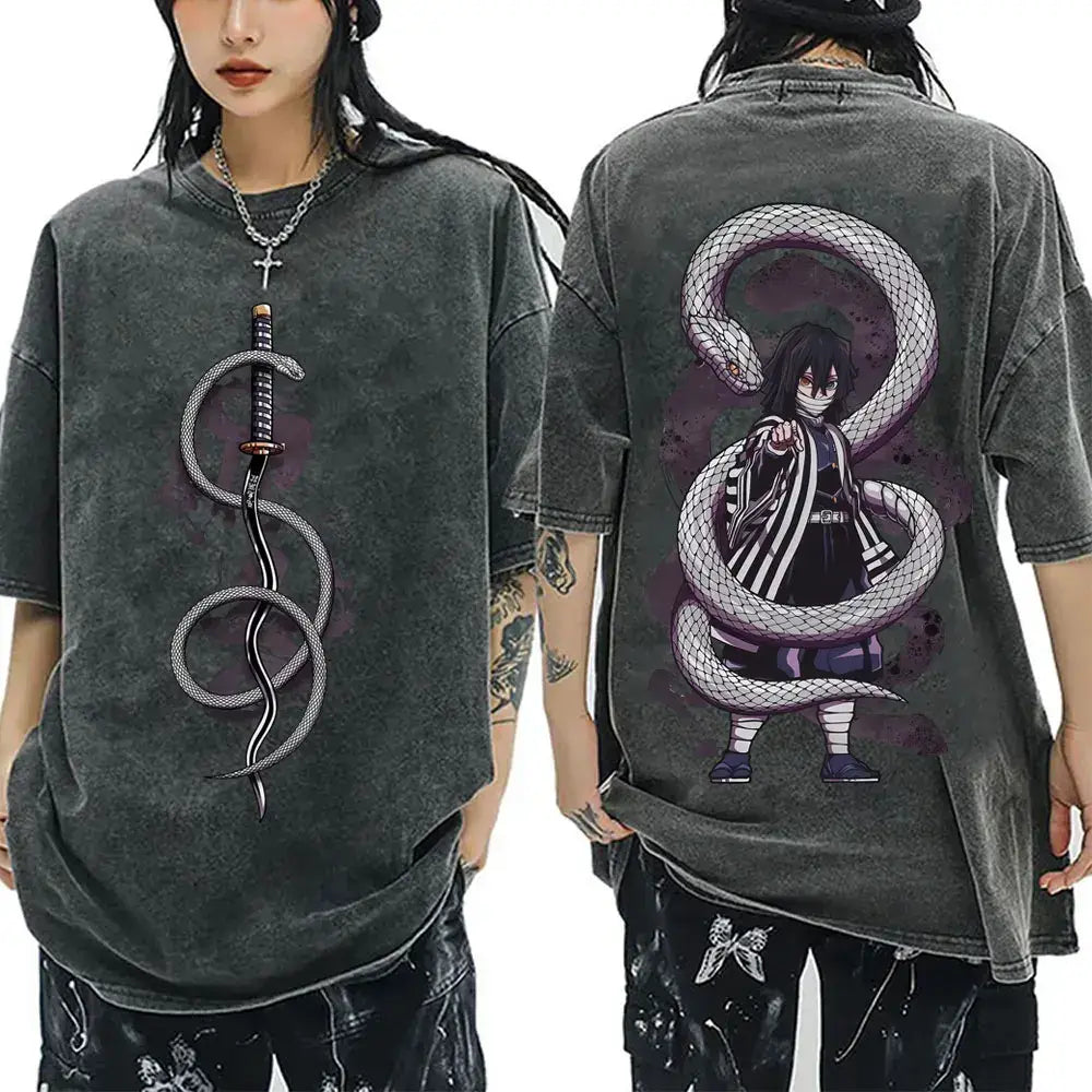 A vintage washed Demon Slayer Serpent Hashira Iguro Obanai T Shirt in a casual, oversized style for men and women.