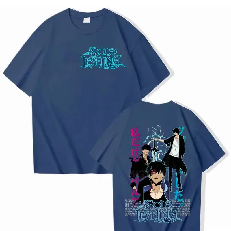 A cool black Solo Leveling T-shirt made of cotton, featuring a high-definition Sung Jinwoo anime graphic in Harajuku street style for men and women.