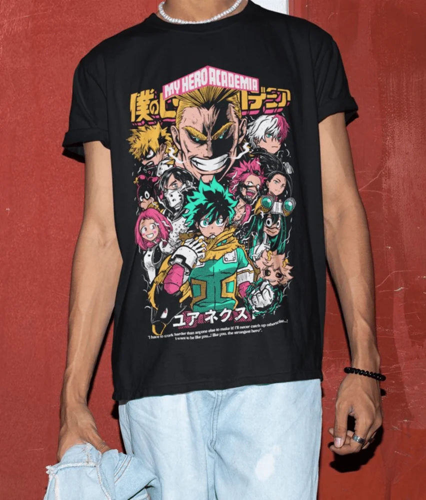 A high-quality All Might T-shirt made of soft cotton, featuring a dynamic graphic of the Symbol of Peace for My Hero Academia fans.