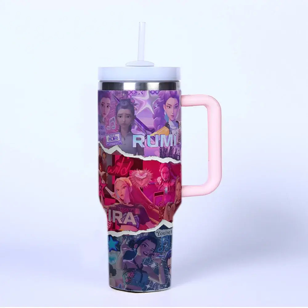 A 40oz stainless steel K-Pop Demon Hunters Cup featuring cartoon prints of anime girl group characters Rumi, Zoey, and Mira, designed for car travel.