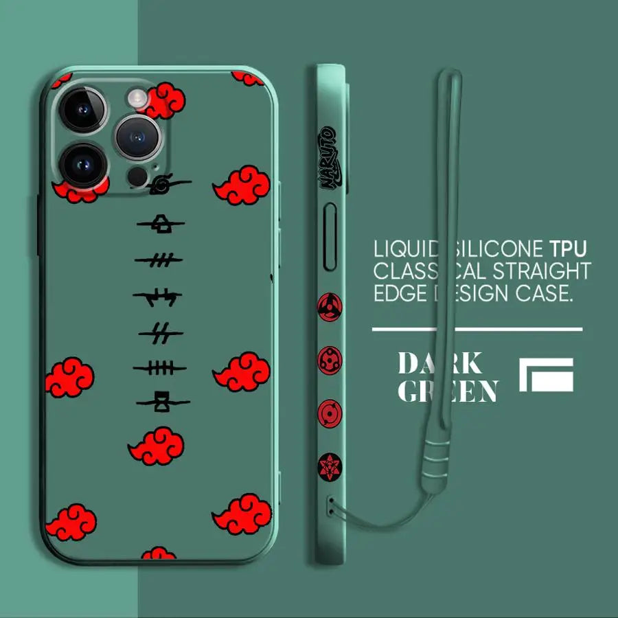 A black Akatsuki Cloud Phone Case featuring the red cloud symbol pattern, compatible with Apple iPhone 16, 15, 14 Pro Max, and 13.