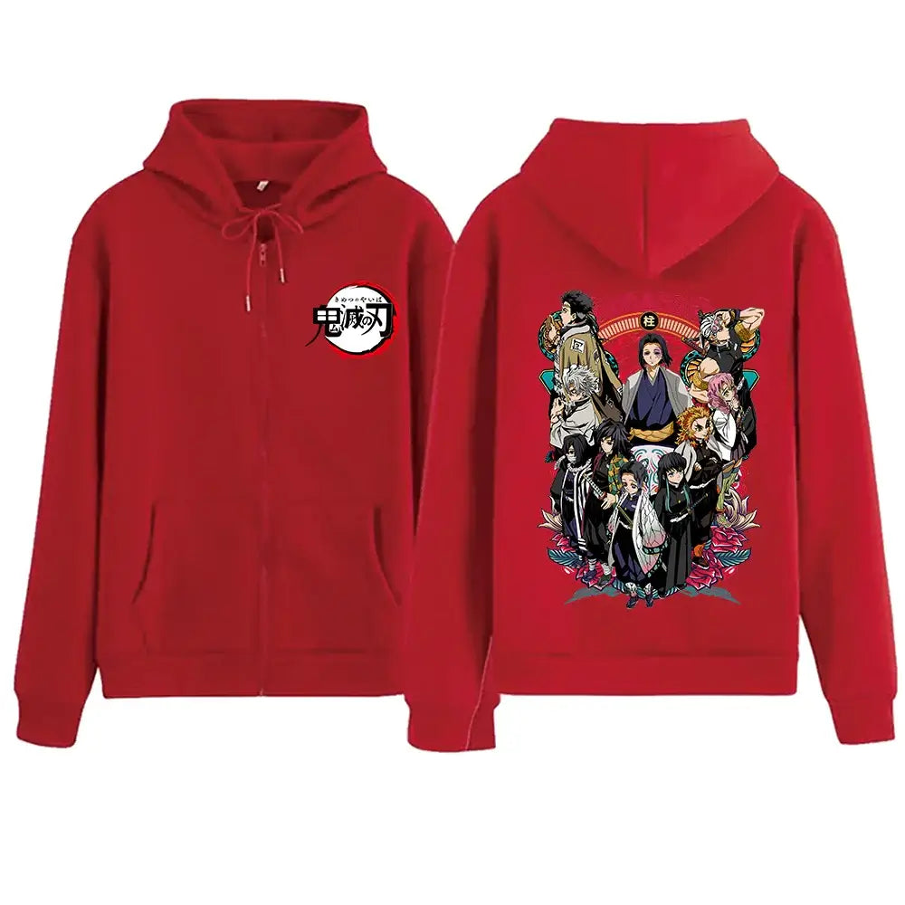 A unisex, oversized Demon Slayer Zipper Hoodie, serving as a full zip anime sweatshirt jacket and coat top for men and women.